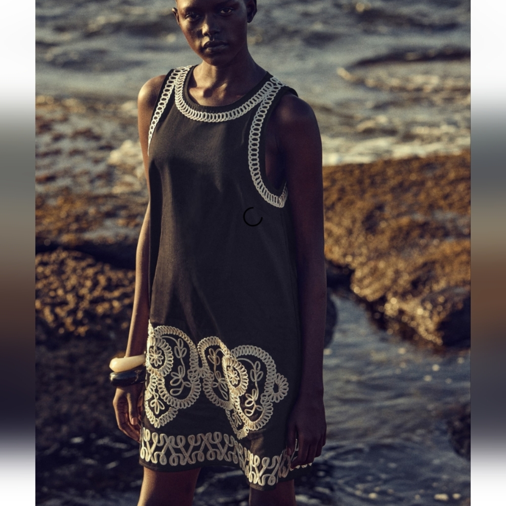 H&M Dress NWT Size S Black W Embroidery Mini A-line Party Round Neck Classic